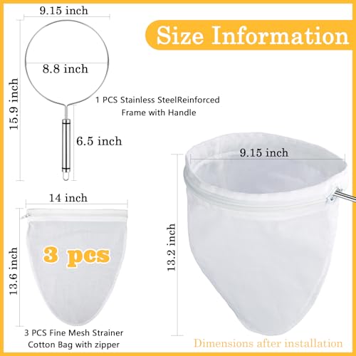 WMKGG Ultra Fine Mesh Strainer Bags,Cheese Cloth Bag for Straining, with Stainless Steel Handle Frame for Juices,Nut Milk,Fresh Cheese,Yogurt (Large Size)(9.15"Wx13.6"D) - size: Large Size