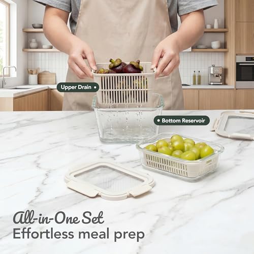 GENICOOK Glass Produce Storage Containers for Fridge, 2-Pack – Airtight Fruit & Vegetable Containers with Removable Colanders, Flexible Silicone Lids,LeakProof, BPA-Free Borosilicate Glass - color: Beige