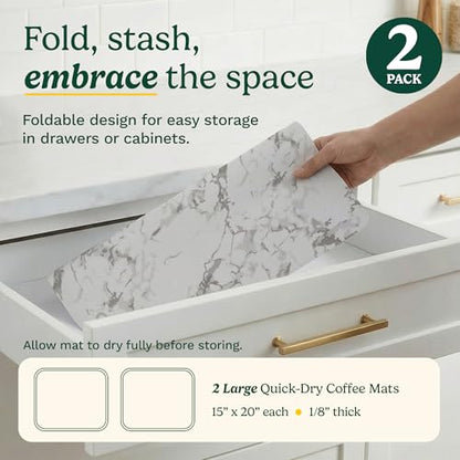 Cuisinart Coffee Mat for Countertop (2 Pack)–Quick-Dry Absorbent Coffee Bar Mat for Espresso Machines & Brew Stations, Also Use as a Dish Drying Mat on Kitchen Counter, Non-Slip, Easy Care, 15” x 20” - color: White Marble
