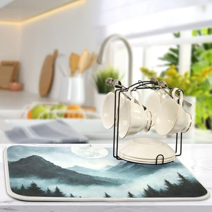 Moon Pine Trees Mountain Dish Drying Mat for Kitchen Counter Super Absorbent Draining Mat with Non-slip Backed Dish Drying Pad for Draining Racks Countertops Sinks Dish Bottles Cups Bowl