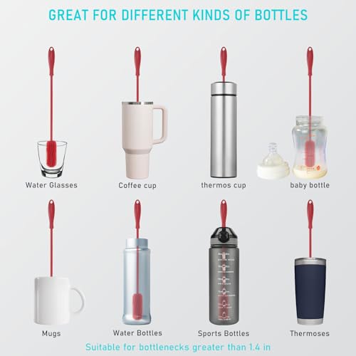 15.7" Silicone Bottle Brush, ddLUCK Water Bottle Cleaner Brush for Stanley, Hydroflasks, Glass, Thermos Sports Bottle, Vase and Glassware, Bottle Brush Cleaner for Small Narrow Neck Containers (Red) - color: Long Red
