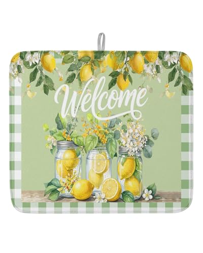 Dish Drying Mat for Kitchen Counter Lemon Mason Jars Drying Pad Absorbent Drying Mats for Countertops Sinks Draining Racks Summer Fruit Green Plaid Welcome Drainer Kitchen Decor 16x18 Inch - color: Green