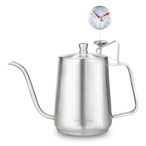 Easyworkz Gooseneck Pour Over Coffee Kettle 30 fl oz with Thermometer Stainless Steel Hand Drip Coffee Pot With Long Narrow Spout,Suitable for Induction Cookers - color: Silver