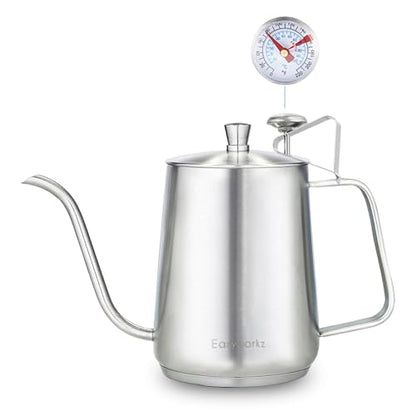 Easyworkz Gooseneck Pour Over Coffee Kettle 30 fl oz with Thermometer Stainless Steel Hand Drip Coffee Pot With Long Narrow Spout,Suitable for Induction Cookers - color: Silver