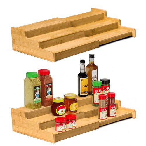 VenDotbi Spice Rack, 3-Tier Expandable Bamboo Spice Rack Organizer for Cabinet, Kitchen, Pantry and Cupboard Storage Organizer(2pack) - color: Bamboo set 2