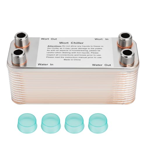 FERRODAY Wort Chiller, 30 Plate 1/2 NPT Plate wort Chiller, Stainless Steel Brazed Plate Heat Exchanger, 1/2 Thread Wort Cooler for Homebrew - 7.3" x 2.8" - size: 30-plate(1/2 npt)