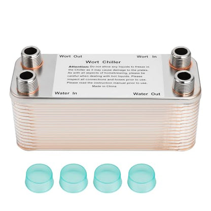 FERRODAY Wort Chiller, 30 Plate 1/2 NPT Plate wort Chiller, Stainless Steel Brazed Plate Heat Exchanger, 1/2 Thread Wort Cooler for Homebrew - 7.3" x 2.8" - size: 30-plate(1/2 npt)