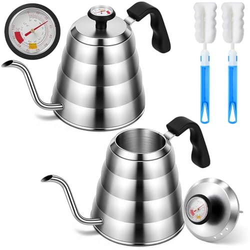 2 Sets Tea Kettle with Thermometer Pot and 2 Pcs Brushes, 40 Fl oz Stainless Steel Gooseneck Pour over Coffee Maker Teapot Pour over Coffee Kettle, 1200ml for Home Kitchen Camping