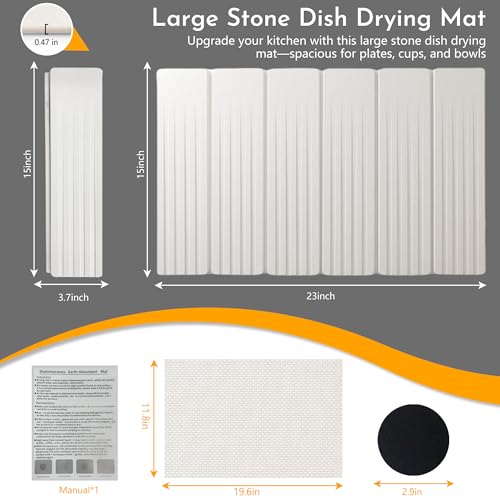 Large Stone Dish Drying Mat for Kitchen Counter, 23" × 15" Quick Dry Stone Mat, Collapsible Fast Absorbing Diatomaceous Earth Non-Slip Dish Drying Pad for Dishes & Cups (White, 23" × 15") - color: White