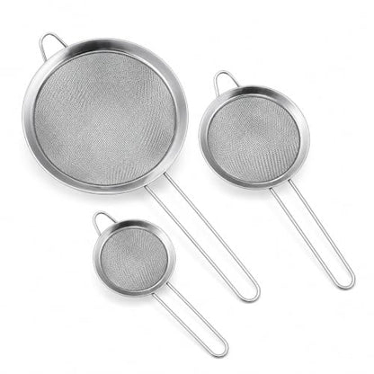 3 Pcs Stainless Steel Fine Mesh Strainer Set, Kitchen Colander with Long Handle, 3 Sizes (3.1/4.7/6.3 Inch) Food Sieve for Flour, Tea, Coffee, Juice and Cooking