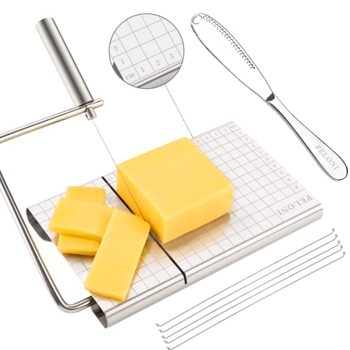 Cheese-Slicer Cheese-Cutter, Stainless-Steel-Cheese-Slicer with 5 Replacement-Wire Cheese Cutters for Block-Cheese Metal Cheese Slicers Cutting Board with Butter-Spreader Stainless Steel Knife