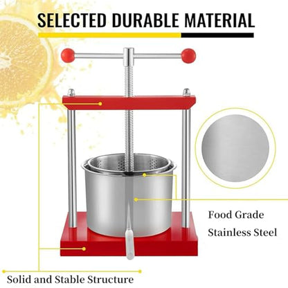 2L Manual Juice Press, Herb Fruit Cheese Press, Food Grade Stainless Steel Juicer Presser for Fruit Cider Wine Olive Oil