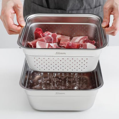2-in-1 Stainless Steel Washing bowl & Colander Set, 12.5" Heavy-Duty Square Washing Up Bowl for Sink, Food Strainer Mixing Bowl, Food-Grade Basin for Rinsing Fruits, Vegetables, Rice & Pasta