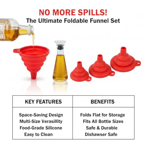 4 Pack Silicone Collapsible Kitchen Funnel for Water Beer Oil Filling Bottles ，Foldable Silicone Funnel Set – Collapsible Small & Large Funnels, Water Bottles & Liquid Transfer – Food Grade（red） - color: red