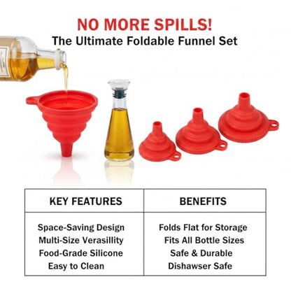 4 Pack Silicone Collapsible Kitchen Funnel for Water Beer Oil Filling Bottles ，Foldable Silicone Funnel Set – Collapsible Small & Large Funnels, Water Bottles & Liquid Transfer – Food Grade（red） - color: red