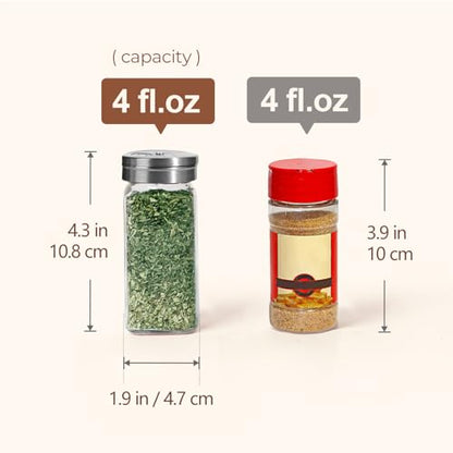 ComSaf Glass Spice Jars with Shaker Lids 4 oz 24 Pack Small Square Bulk Set | Labels, Seasoning Herbs Powders, Salt Pepper Chili, Spice Rack Organization, Kitchen Cabinet Storage, Funnel Included - color: Silver Lids