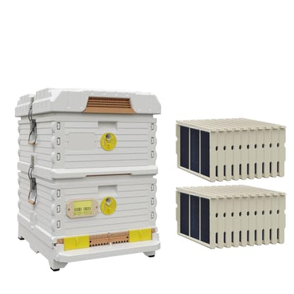 Apimaye Ergo Insulated Bee Hive Set with Plastic PRO Frames with Premier Double Wax Foundations (White Body Yellow Entrance, Double Deep)