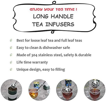 Long Handle Tea Ball for Loose Leaf Tea, Simple Pressing Operation, 2Pcs | Fine Mesh Holes, Stainless Steel Ball, No Tea Residue, For Cup and Teapot, Tea Lover Gift, Free Clean Brush - style: Long Handle Tea Ball x 2