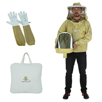 3-Layer Ventilated Mesh Bee Jacket for Men & Women with Veils Sting-Proof Beekeeping Jacket with Leather Gloves & Bag - color: Brown Dual Veil, size: XX-Large