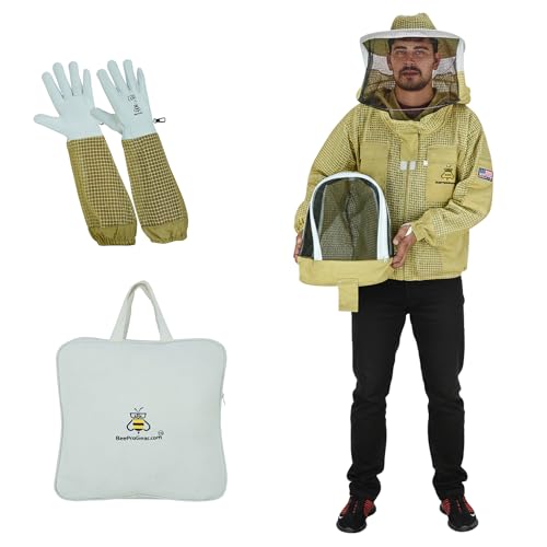 3-Layer Ventilated Mesh Bee Jacket for Men & Women with Veils Sting-Proof Beekeeping Jacket with Leather Gloves & Bag - color: Brown Dual Veil, size: Small
