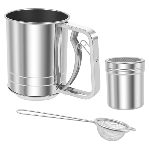 3 in 1 Flour Sifter for Baking, 3 Cup Stainless Steel Double Layer Fine Mesh Sifter, Flour Shaker Duster with Lid, Powdered Sugar Spice Sifters Spoon, Handheld Flours Sieve for Cooking Cakes Desserts