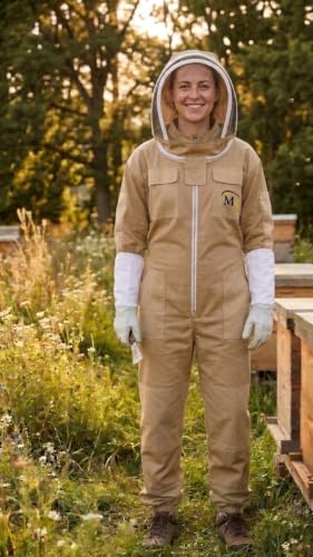 MS Bee Cotton Beekeeper Suit With One Pair Gloves and Fencing Veil - color: Beige, size: Small