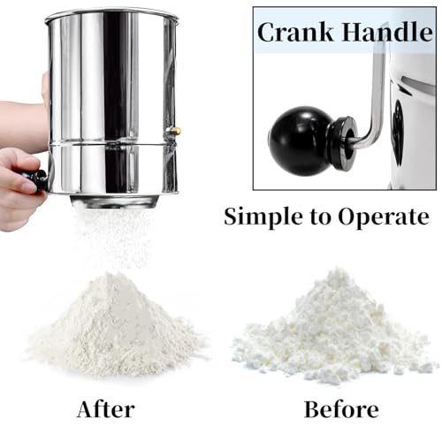 Pumtus 3 Pack Flour Sifter Set, 5 Cup Hand Crank Sifter with 2 Pieces Baker's Dusting Wands, Stainless Steel Fine Mesh Baking Sifter with Agitator Rotary, Powdered Sugar Duster for Baking Dessert
