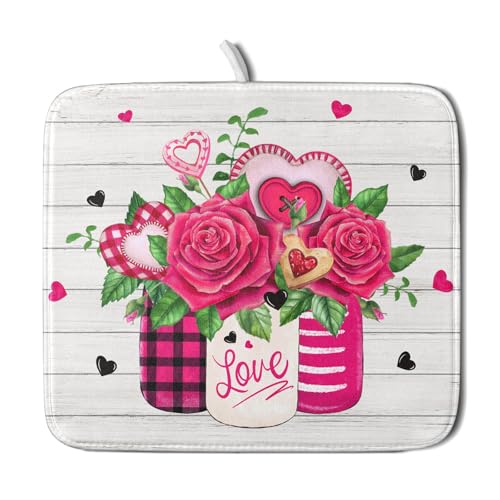 Valentine's Day Rose Flower Dish Drying Mat for Kitchen Counter,Mason Jar Pink Love Heart Drying Mat 16 x 18 Inch with High Absorbent Microfiber Drainer Mat for Coffee Bar - color: Rose Flower, size: 16" x 18"