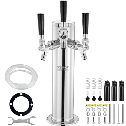 VEVOR Triple Taps Draft Beer Tower Dispenser, Stainless Steel Keg Beer Tower, Kegerator Tower Kit with Pre-Assembled Tubing and Self-Closing Faucet Shanks for Party, Bar, Pub, Restaurant - style: Triple Faucets