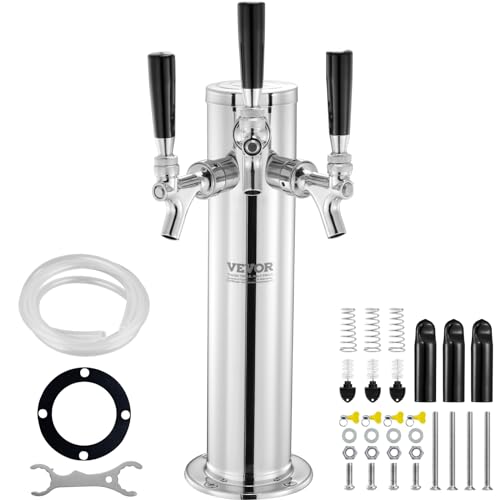 VEVOR Triple Taps Draft Beer Tower Dispenser, Stainless Steel Keg Beer Tower, Kegerator Tower Kit with Pre-Assembled Tubing and Self-Closing Faucet Shanks for Party, Bar, Pub, Restaurant - style: Triple Faucets