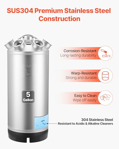 VEVOR Cleaning Keg, 5 Gallon/19L Keg Line Cleaning Kit with 4 D Coupler Connections & Rubber Base, Beer Lines Cleaner Used for Beer Line Cleaning, 304 Stainless Steel Kegerator Beers Lines Cleaner Kit - size: 5 Gal - Cleaning Keg