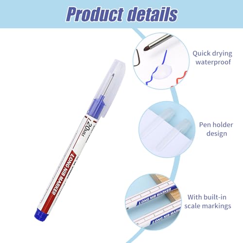 Eadwe 5PCS Long Head Deep Hole Marker Pens, 20mm Deep Reach Markers, Quick-dry Waterproof Long Nib Permanent Markers, Carpenter Ink Marker Pens, Construction Marking Tool, Metal Marking Pen (Red) - color: Red