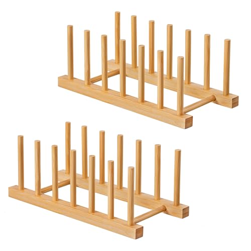 HBlife 2pcs Bamboo Dish Plate Bowl Cup Book Pot Lid Cutting Board Drying Rack Stand Drainer Storage Holder Organizer Kitchen Cabinet（Keep Dry） - color: Bamboo 6 Slots 2pcs