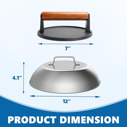 SafBbcue Round Cast Iron Smash Burger Grill Weight Press Tool & Griddle Steamer Melting Dome 12" Round Stainless Steel Basting Cover for Blackstone Griddle, Griddle Food Cover Dome for Flat Top Grills - style: 12In Dome+Round Press