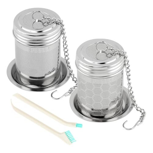 2 Pack Tea Infuser, Extra Fine Mesh Tea Steeper with Extended Chain S Hook and 2PCS Crevice Cleaning Brushes, 304 Stainless Steel Tea Strainers for Tea, Spices, Herbs & Seasonings