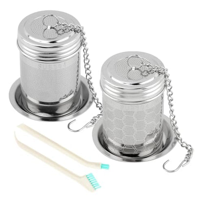 2 Pack Tea Infuser, Extra Fine Mesh Tea Steeper with Extended Chain S Hook and 2PCS Crevice Cleaning Brushes, 304 Stainless Steel Tea Strainers for Tea, Spices, Herbs & Seasonings