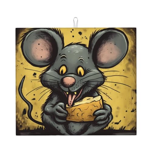Dish Drying Mat for Kitchen Counter Absorbent Dish Draining Mat Heat Resistant Drying Pad for Table Protector Dishes Pad Rat Eats a Piece of Cheese Kitchen Drying Mat 18x16 inch