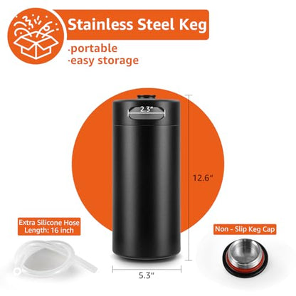 Stainless Steel Mini Keg Growler, 128oz Matte Black Mini Beer Keg, Carbonated Beer Growler Mini Kegerator with Non-Slip Keg Cap & Silicone Hose, Portable Beer Growler for Picnic Party