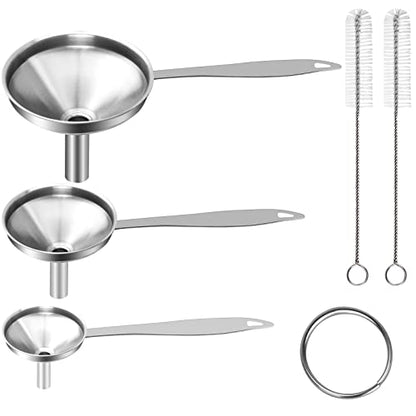 Large Small Funnel Set of 3, Food Grade Mini Funnels for Kitchen Use Filling Bottles Liquor Flask Tiny Spice Cooking Powder, 6Pcs Metal Stainless Steel Funnel (Long Handle), 2Pcs Cleaning Brushes YLYL