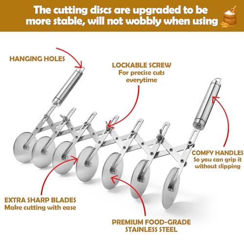 Juome 7 Wheel Pastry Cutter with Handle, Multi-Round Wheel Pasta Dough Cutter Roller Stainless Steel Pizza Slicer Accordion Pastry Knife Divider Tool - color: 7 wheel Pastry Cutter