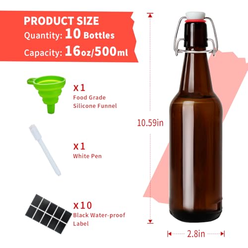 16oz Amber Glass Bottles with Airtight Rubber Seal Flip Caps (10 Pack),Swing Top Glass Bottles for Home Brewing, Kombucha, Beverages, Oil, Vinegar, Vanilla Extract,Water, Soda, Kefir - size: 16.5oz