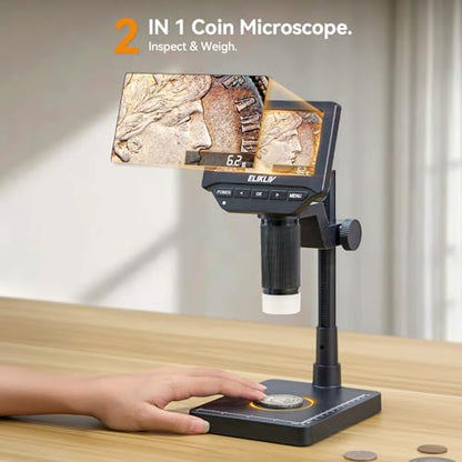 Elikliv EDM4C Coin Microscope with Scale：4.3" Digital Microscope with Adjustable LED, Error Coin Magnifier with Screen & Weighing Scope for Collectors, Jewelers, Students, Windows/Mac Compatible - color: Gray