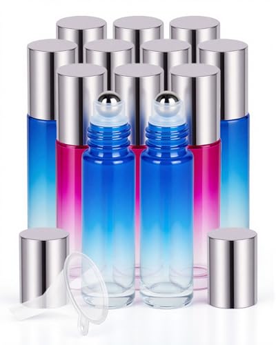 Worldgsb 12 Pack Essential Oil Roller Bottles, 10ml Refillable Glass Roller Bottles with Stainless Steel Roller Balls and Caps for Travel, Perfume and Lip Gloss Blue-Red Gradient - color: Blue-Red Gradient, style: 12 Pack