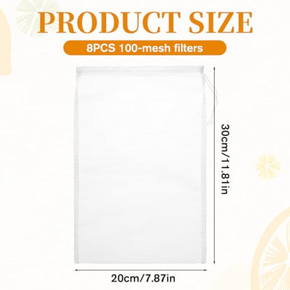 8 PCS Nut Milk Bag Reusable Nylon Cheese Cloth Bag for Straining 30 * 20cm Fine Mesh Strainer Bags Juicing Bags with Drawstring for Filtering Nut Milk Cold Brew Coffee Greek Yogurt Tea Juice