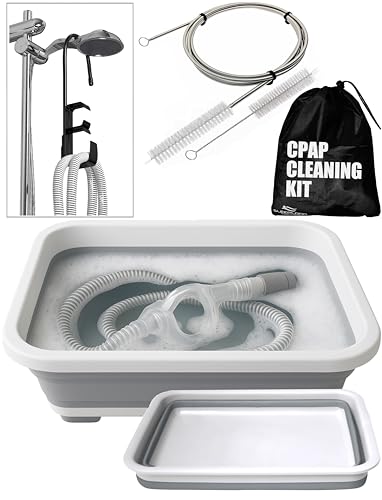 CPAP Cleaning Kit for Hose and Mask, CPAP Hose Cleaning Brush, Collapsible Wash Basin, Hose Hanger, Compatible with Standard and Slimline CPAP Tubing (Hanging Dry Kit)