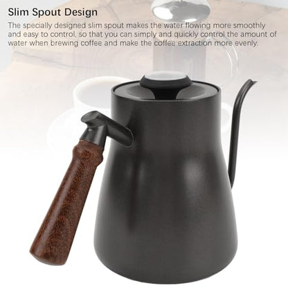Coffee Kettle, 850ml Stainless Steel Gooseneck Teapot, Wooden Handle Kettle with Thermometer & Long Spout, Ideal for Home, Travel & Office Brewing