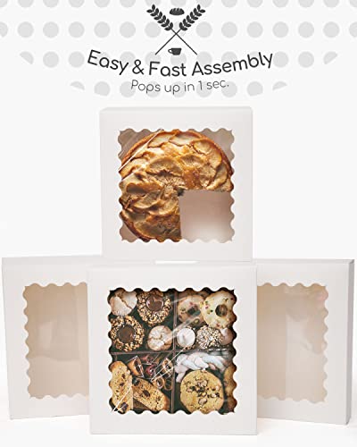 qiqee Auto-pop up White Pie Boxes with Window 10x10x2.5 inch 30Packs Cookie Donut Bakery Box - color: White, size: 10"x10"x2.5"/30 Pcs