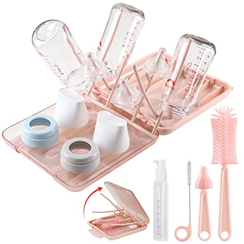 6 in 1 Baby Bottle Cleaner Set with Drying Rack,Silicone Baby Bottle Brush,Straw Brush,Nipple Brush,Soap Dispenser and Storage Box, Portable Baby Essentials for Home&Travel(Pink) - color: Pink