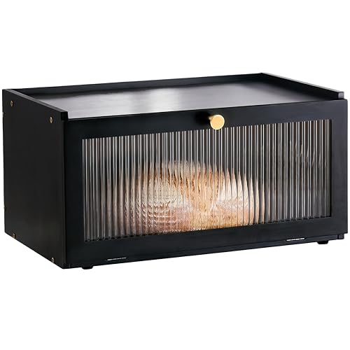 ETMI Black Bread Box for Kitchen Countertop - Modern bamboo Bread box with Window Bread Storage Container - color: Black