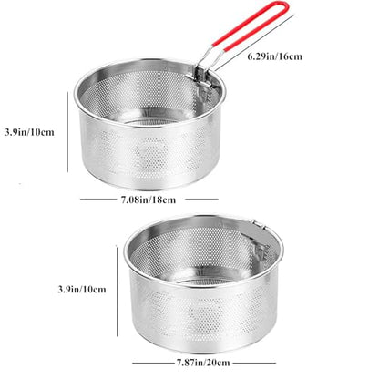 Pasta Strainer Set of 2, Stainless Steel Noodle Strainer, One with a Removable Handle, One without a Handle; Metal Pasta Strainer for Washing, Draining, Deep-frying, Boiling, and Steaming